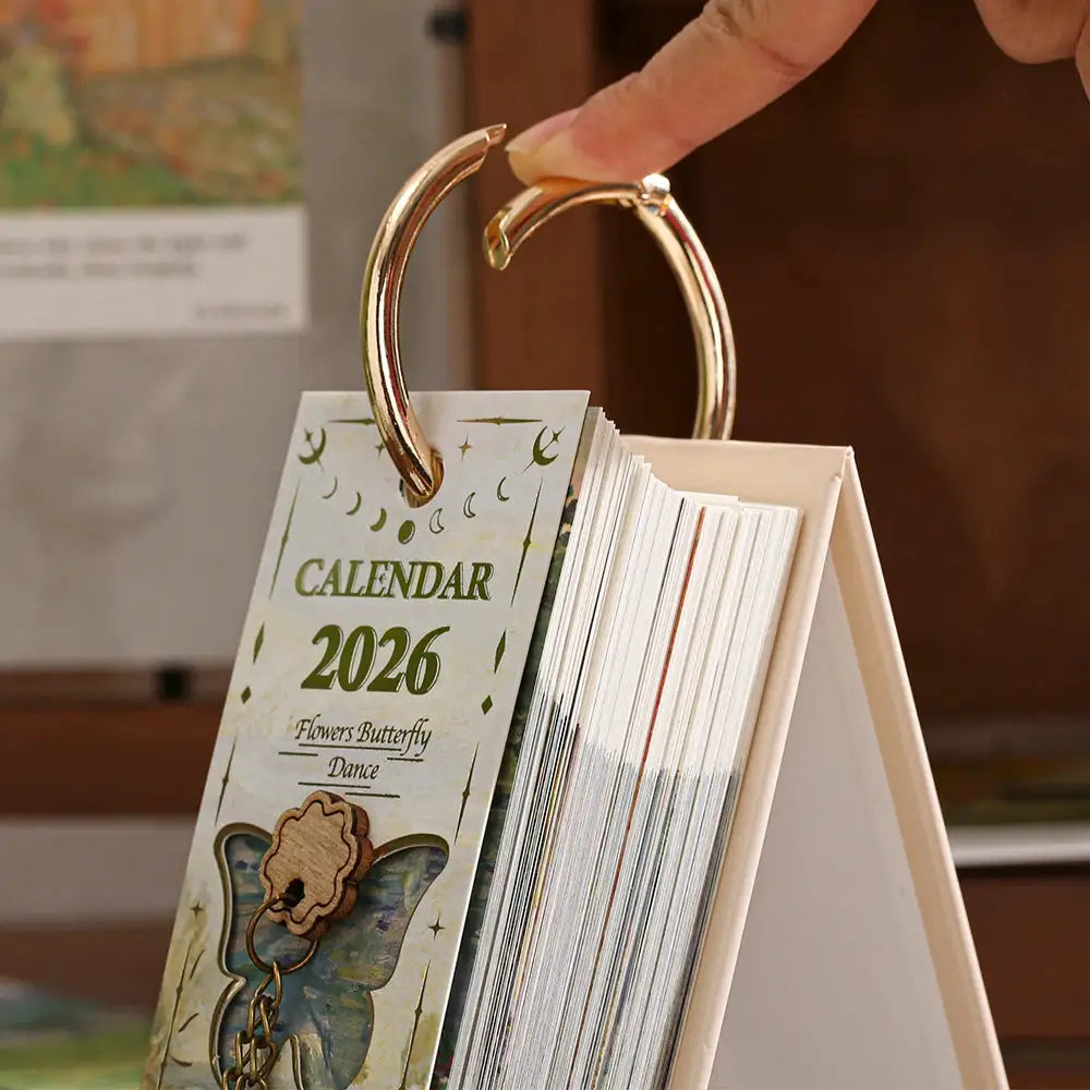 Desk calendar 2026 with gold ring binding, vintage oil painting-inspired inspirational quotes, 365 days, daily planner