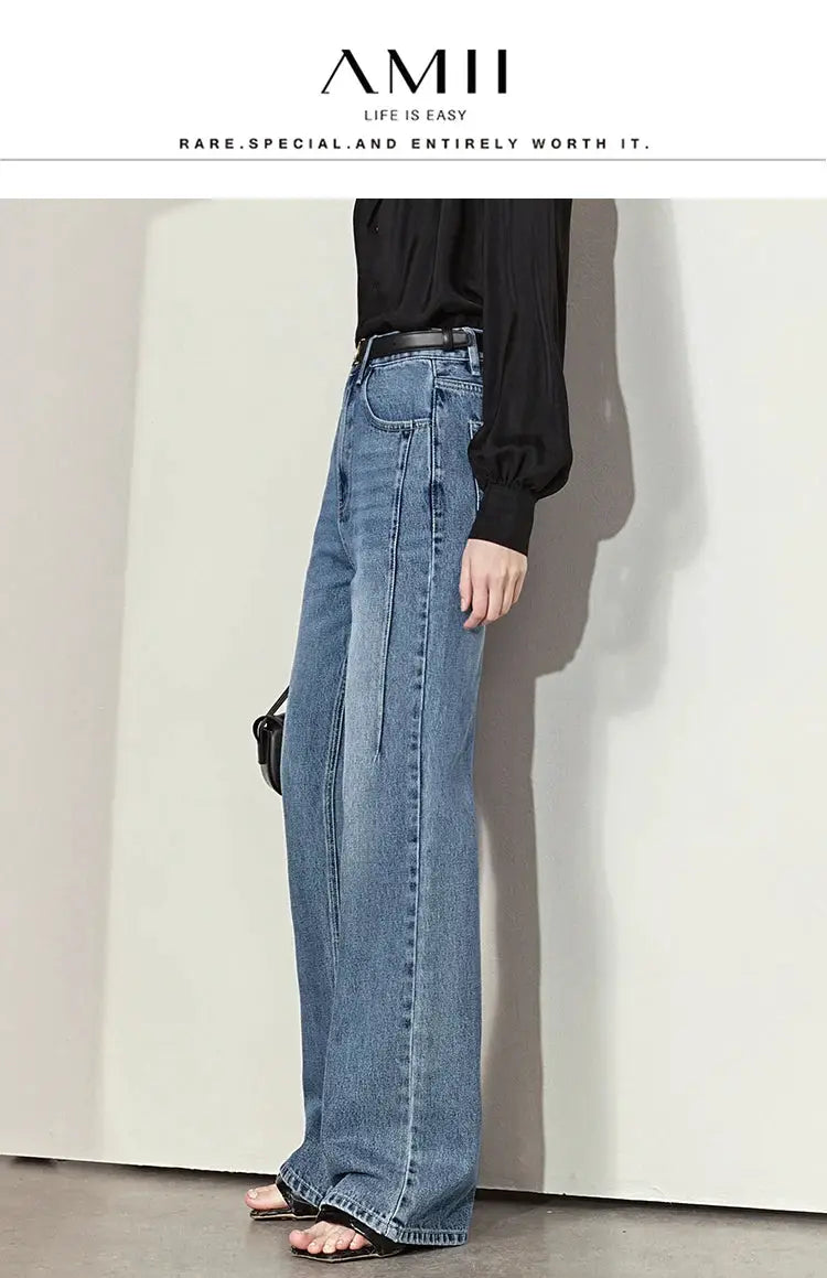 Amii Minimalism Vintage Denim Jeans Women Loose Wide Leg Autumn Pants