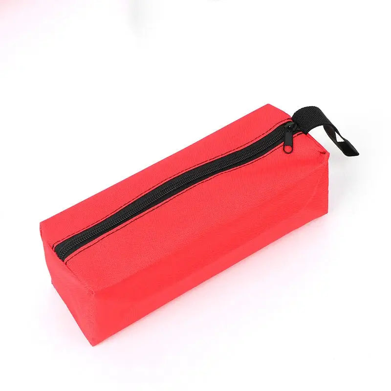 Small Oxford cloth hand-held tool bag, red with black zipper and pull loop, lightweight repair kit organizer