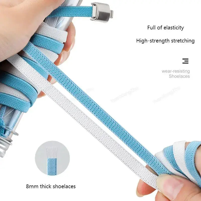 Press Lock elastic shoelaces, 8mm wide, blue and white, no-tie sneaker laces