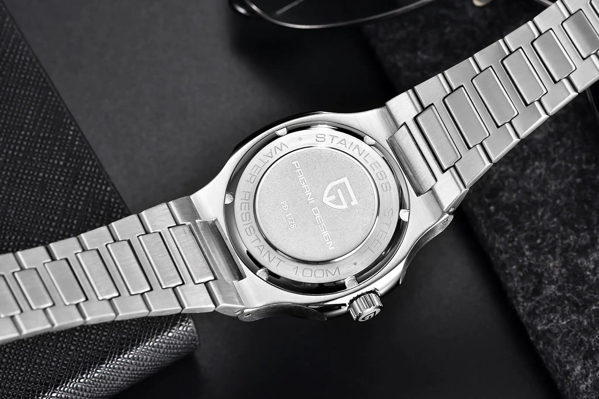 Pagani Design stainless steel men's automatic watch with metal bracelet, back view