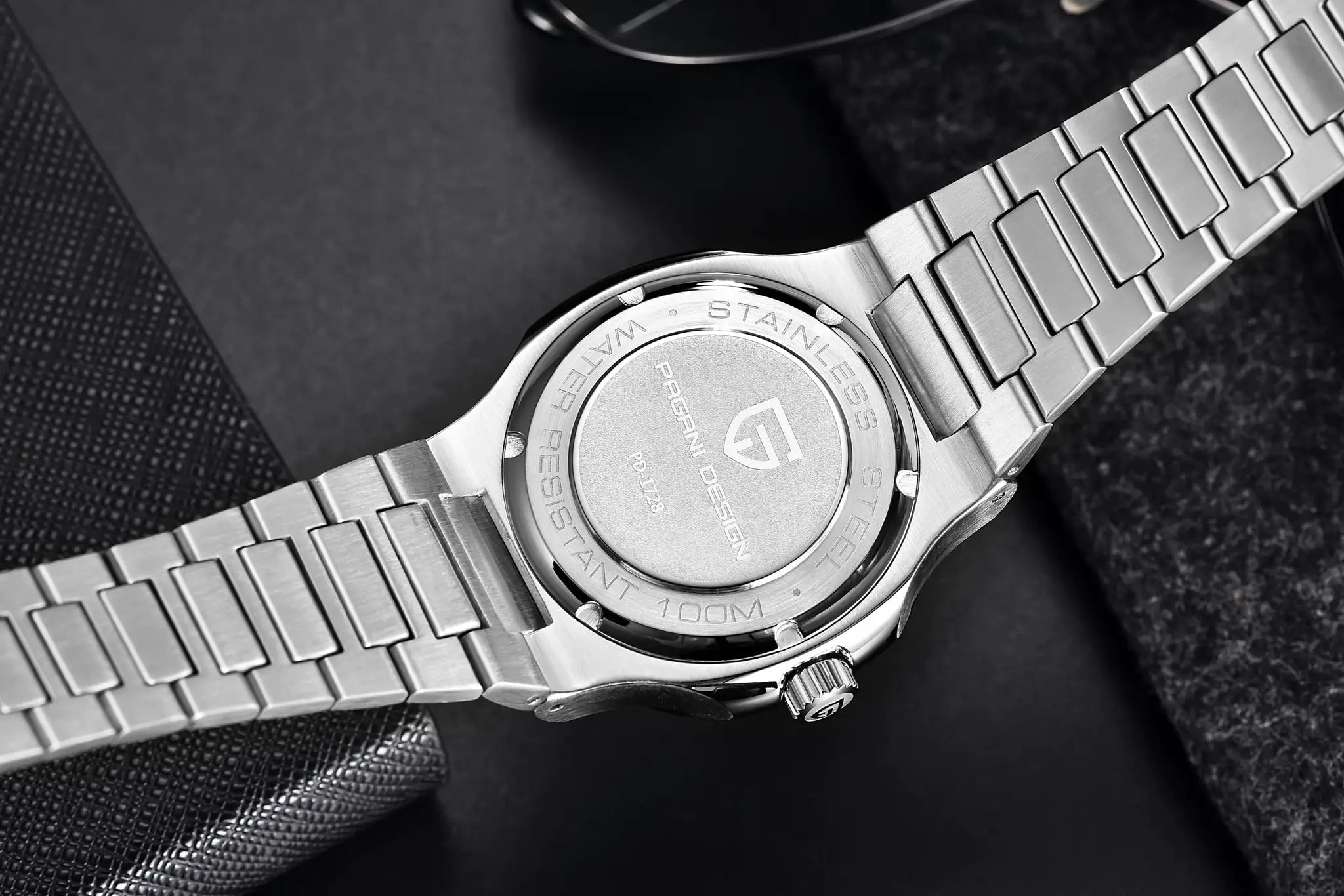 Pagani Design stainless steel men's automatic watch with metal bracelet, back view