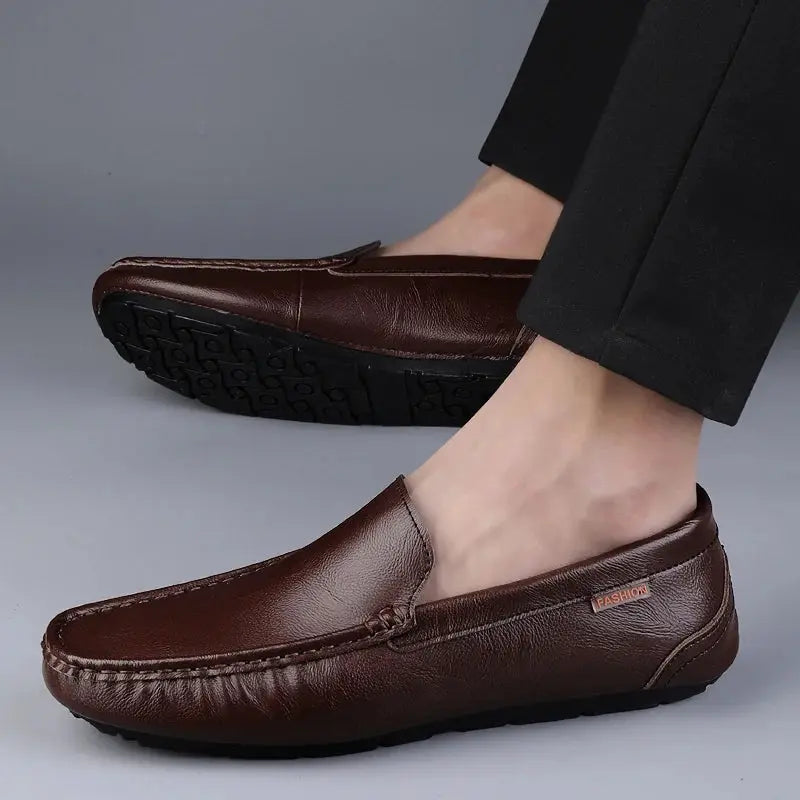 Men's brown genuine leather loafers slip-on moccasins with stitched toe and rubber driving sole for smart casual wear