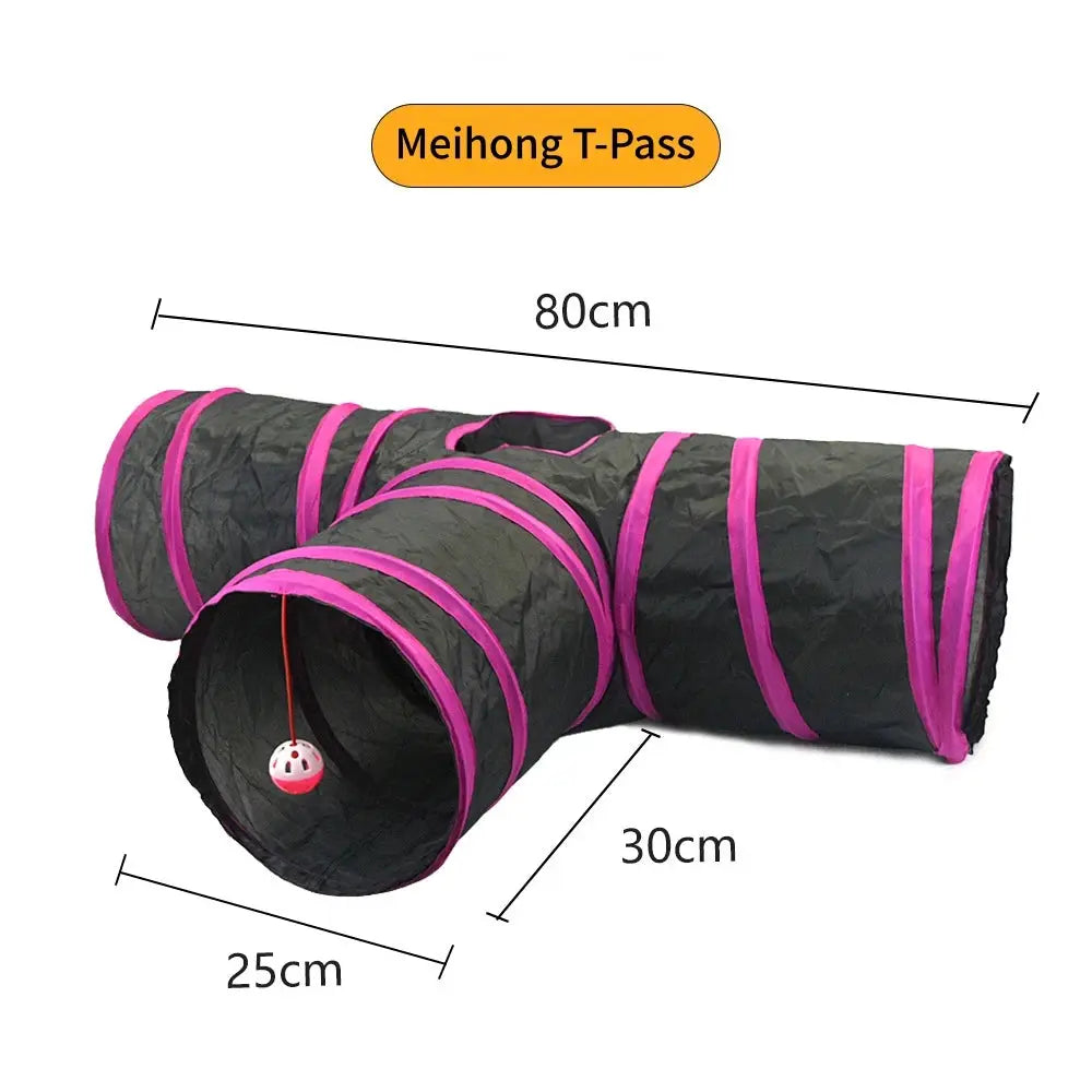 Cat tunnel Meihong T-Pass foldable play tube with pink trim for indoor cats, 80 cm long.