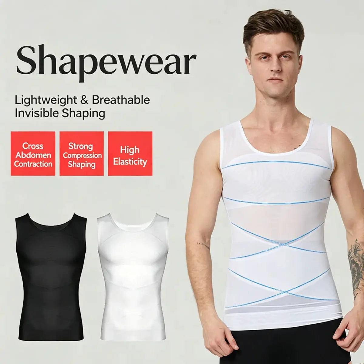 Men compression undershirt shapewear white tank top with blue contour lines; three color options shown (black and white).