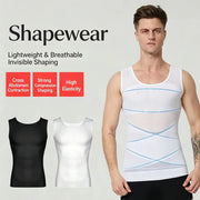 Men's compression undershirt by Simples Market, white with shaping panels; three color variants shown.