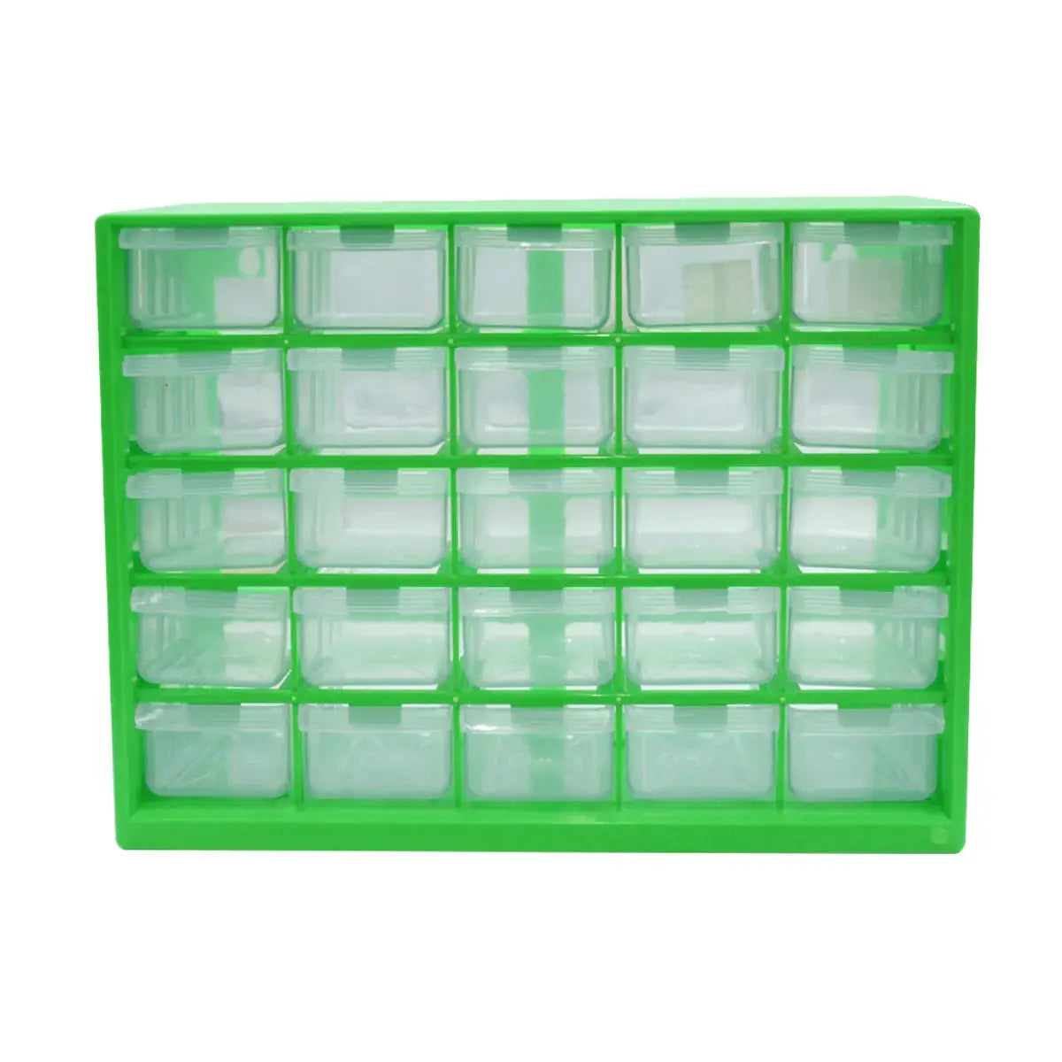 Green 25-grid wall-mounted parts organizer with clear drawers for screws and small components