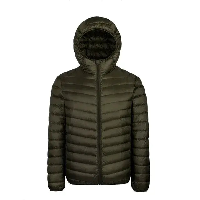 Simples Market men's olive green hooded down jacket with horizontal quilting and front zipper.
