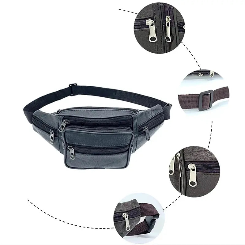 Simples Market men's PU leather waist bag with multiple zipped pockets and adjustable belt strap