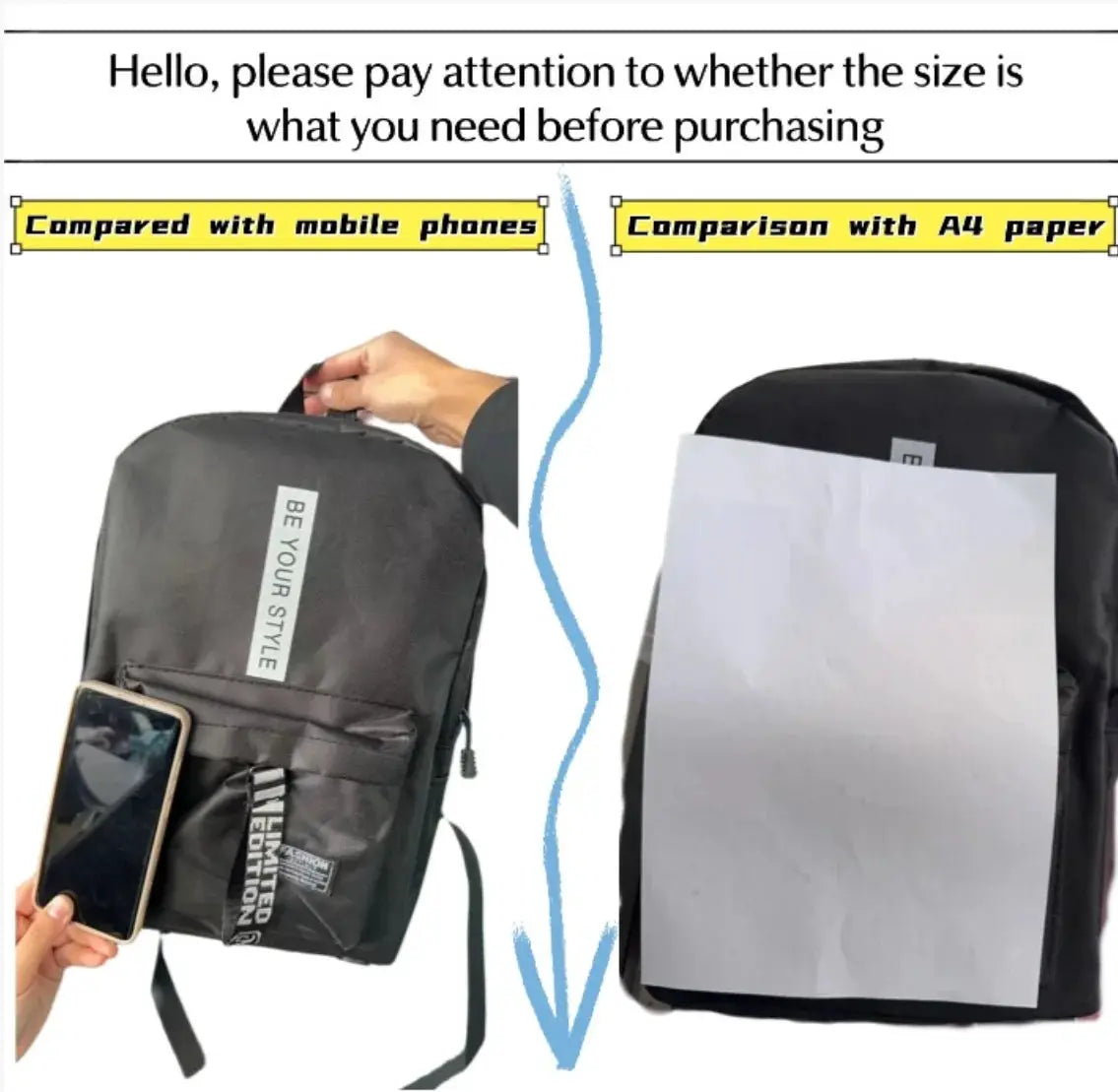Backpack by Simples Market, black fashion trend backpack for men and women with large capacity