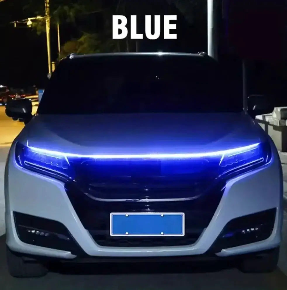 Dynamic meteor LED car hood light strip in blue, universal fit, by Simples Market.