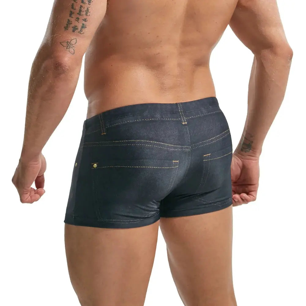 Men's 2XL denim-style board shorts with back pockets and yellow stitching