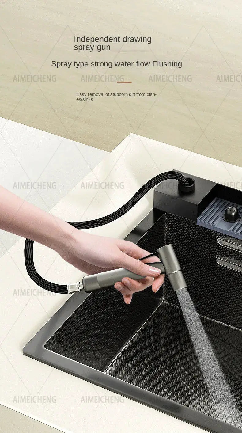 Large single-slot 304 stainless steel kitchen sink with waterfall faucet and handheld spray