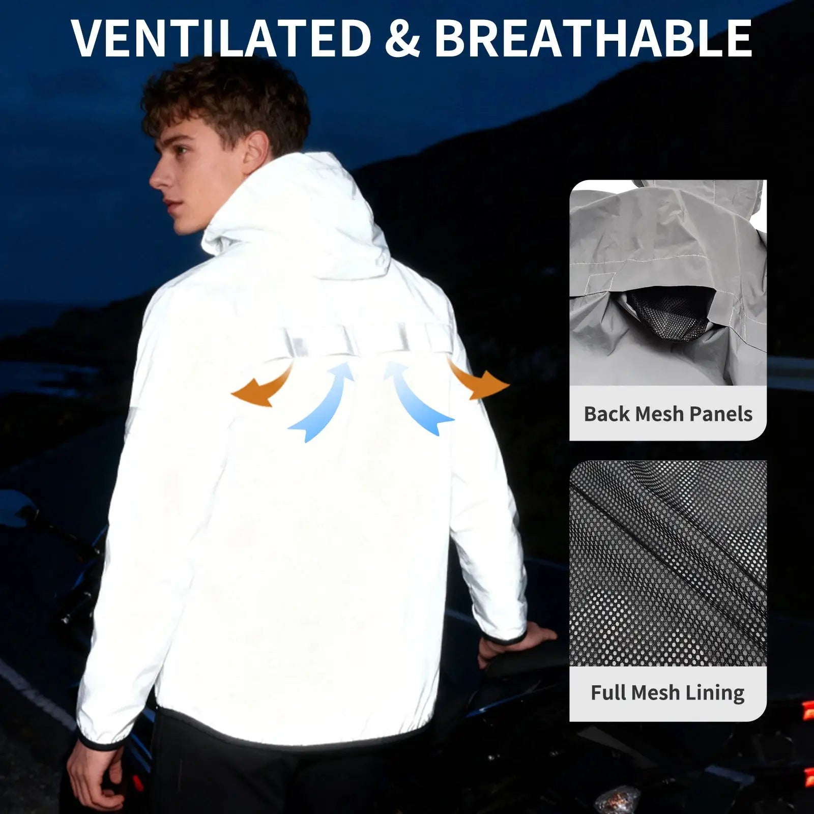 WOSAWE men's white reflective hooded windbreaker jacket worn outdoors at night