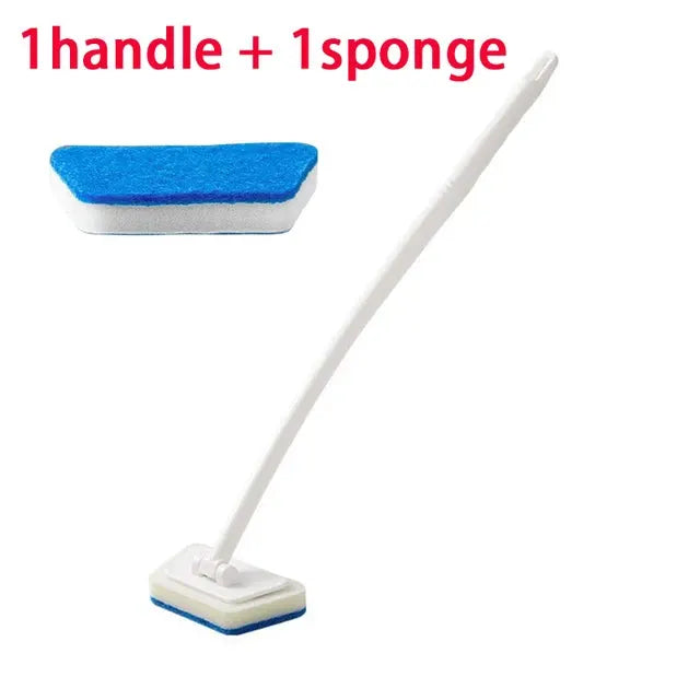 Bathroom sponge cleaning brush with long white handle and replaceable blue sponge head.