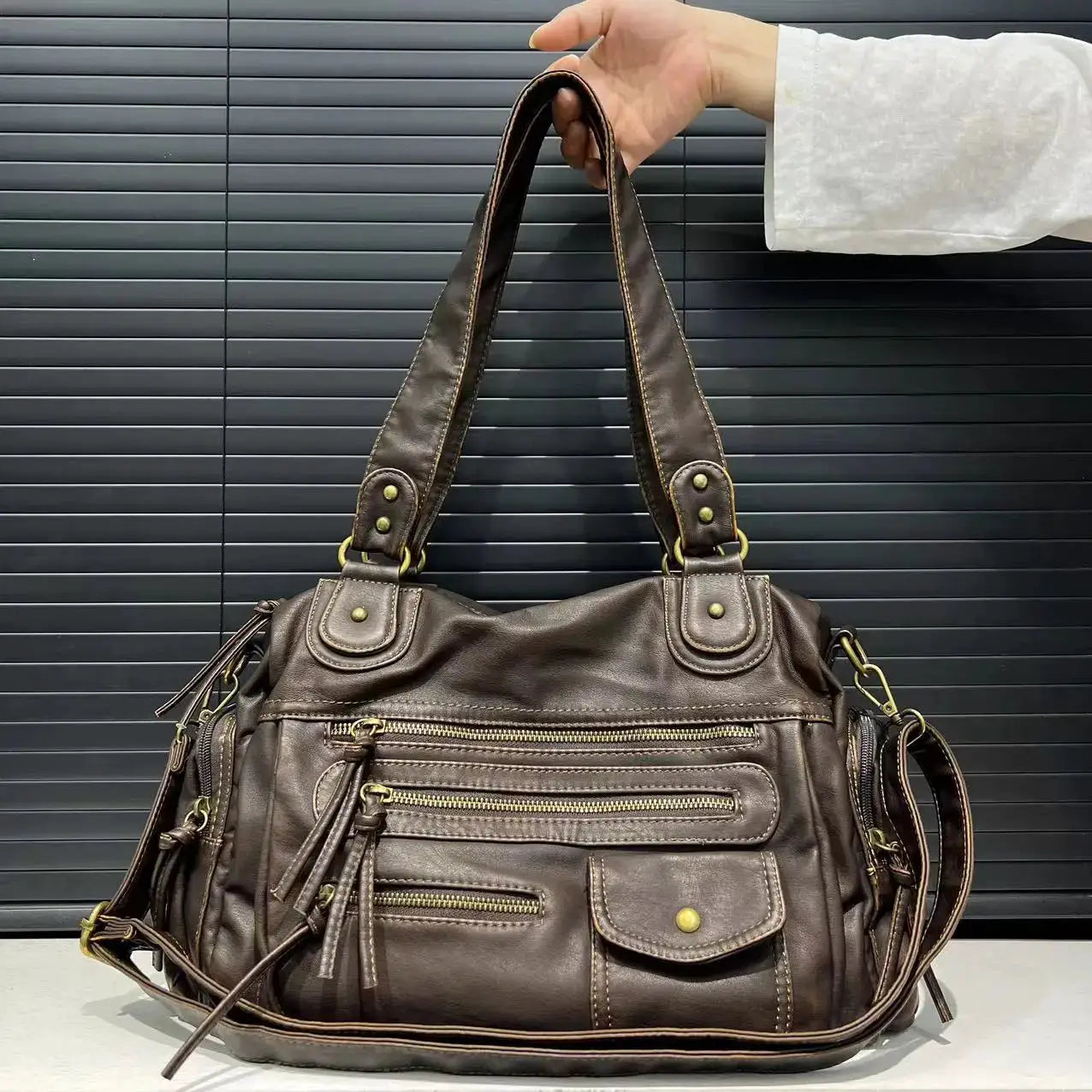 Y2K Hot Girl crossbody bag in brown washed leather with large capacity and multiple zip pockets