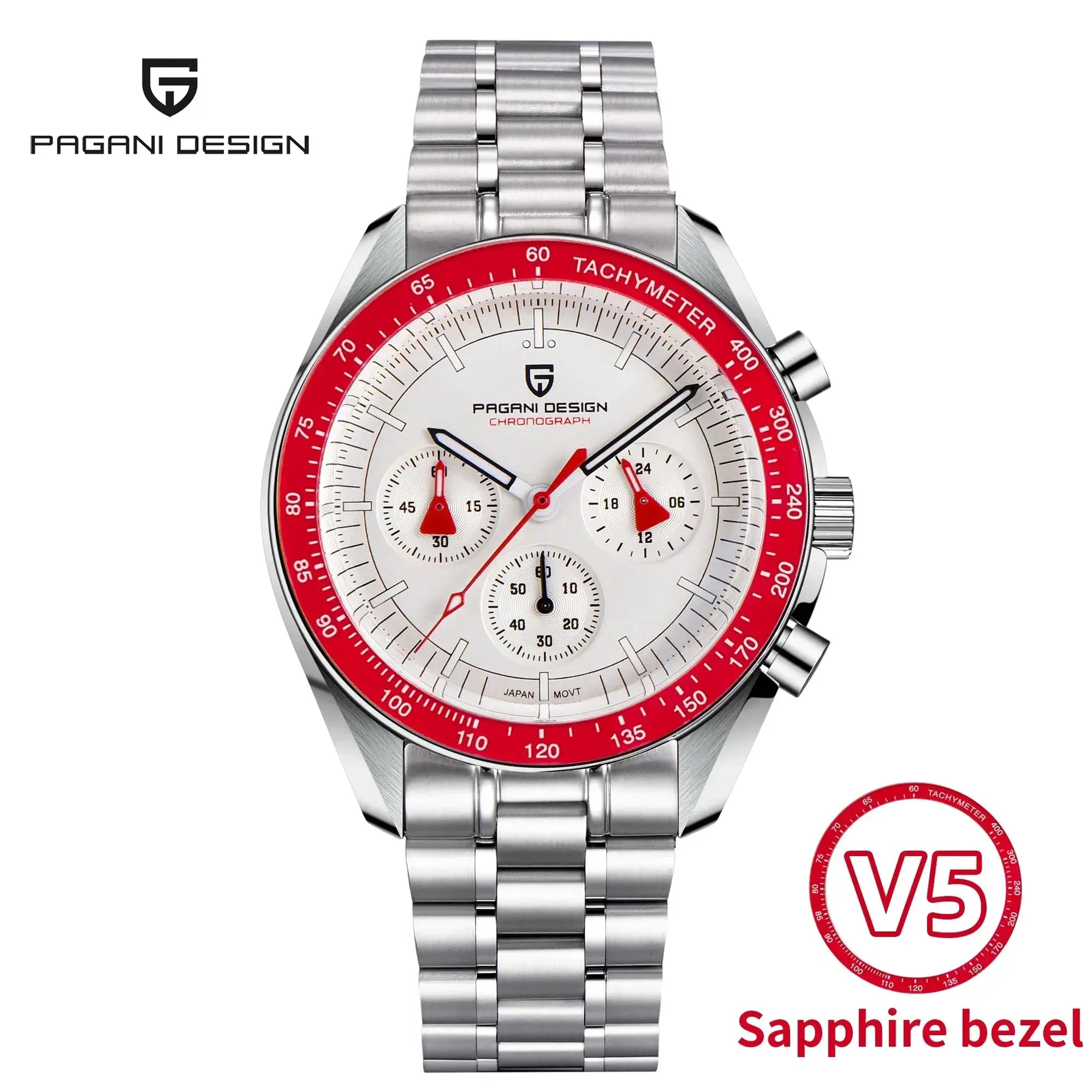 Pagani Design men's chronograph wristwatch with white dial, red tachymeter bezel and stainless steel bracelet