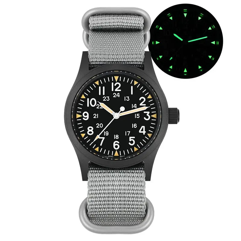 Militado ML05 vintage watch with black dial, luminous hands, and gray NATO strap