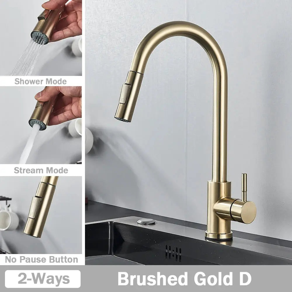 Brushed gold kitchen faucet with pull-out spray head, deck-mounted, dual-mode stream and shower.