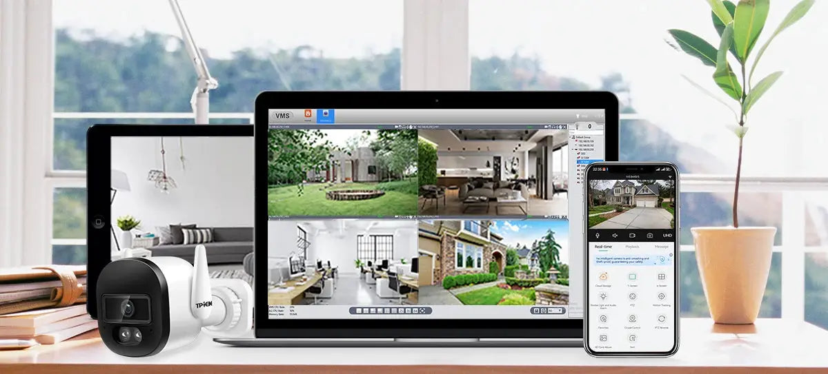 Simples Market 2K 3MP WIFI outdoor IP66 bullet camera with AI; shown with laptop, tablet, and smartphone.