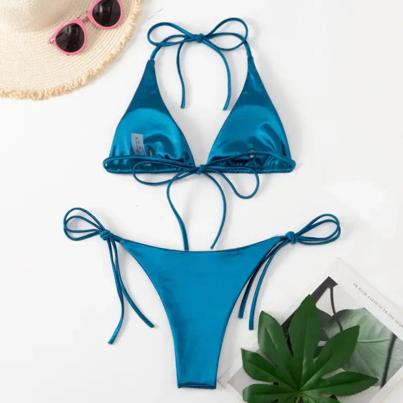 Simples Market blue metallic satin halter bikini two-piece set with high-cut bottoms