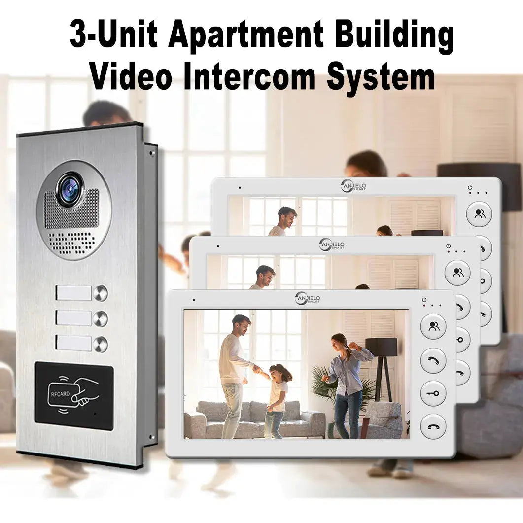 ANJIELO 3-Unit White Home Video Intercom System with RFID Card Unlock