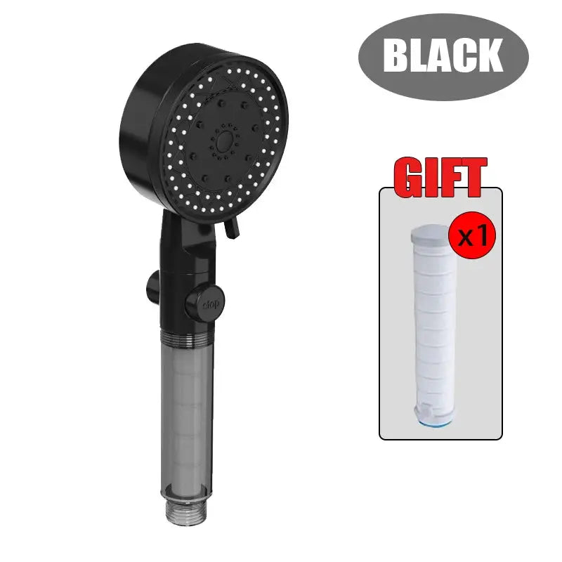Black handheld showerhead with 10 spray modes and gift filter cartridge