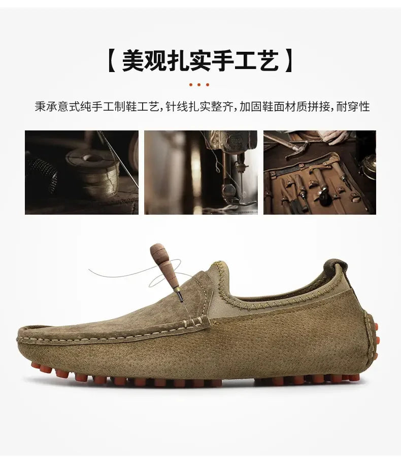 Men's driving shoes by Simples Market, tan suede loafers, handmade for outdoor walking