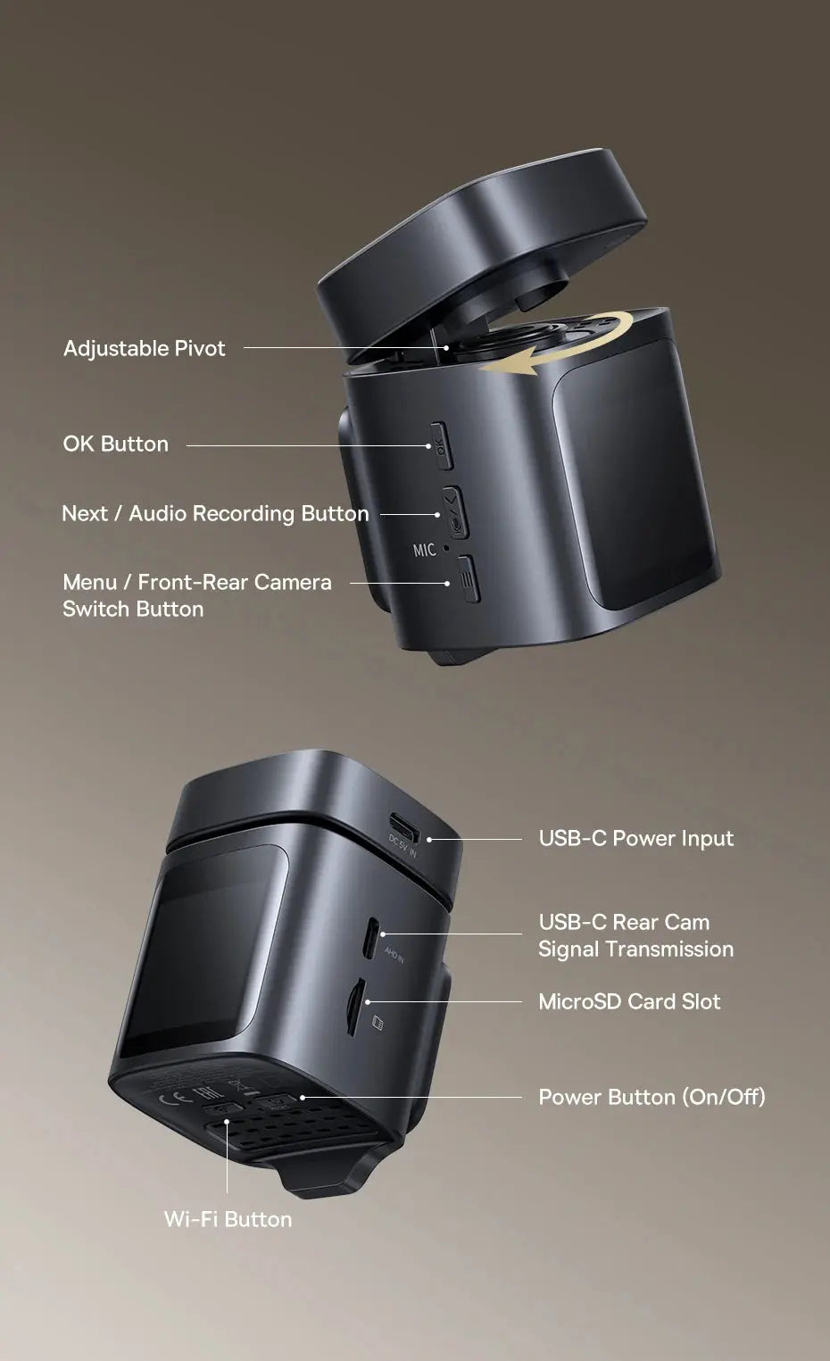 Baseus VD1 Pro dash cam by Simples Market in dark metallic finish with USB-C power input, MicroSD slot, and WiFi button.