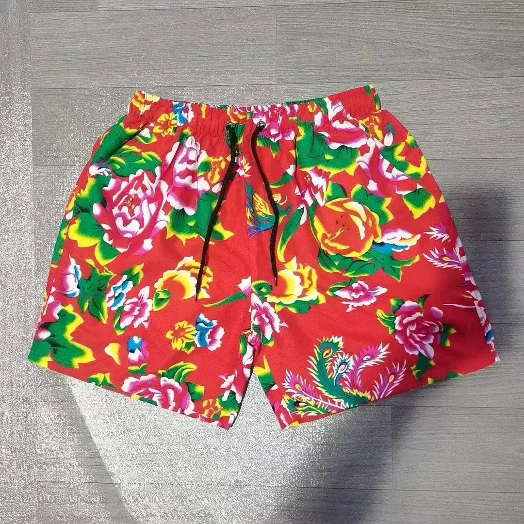 Men's red floral board shorts with black drawstring, sizes M-5XL