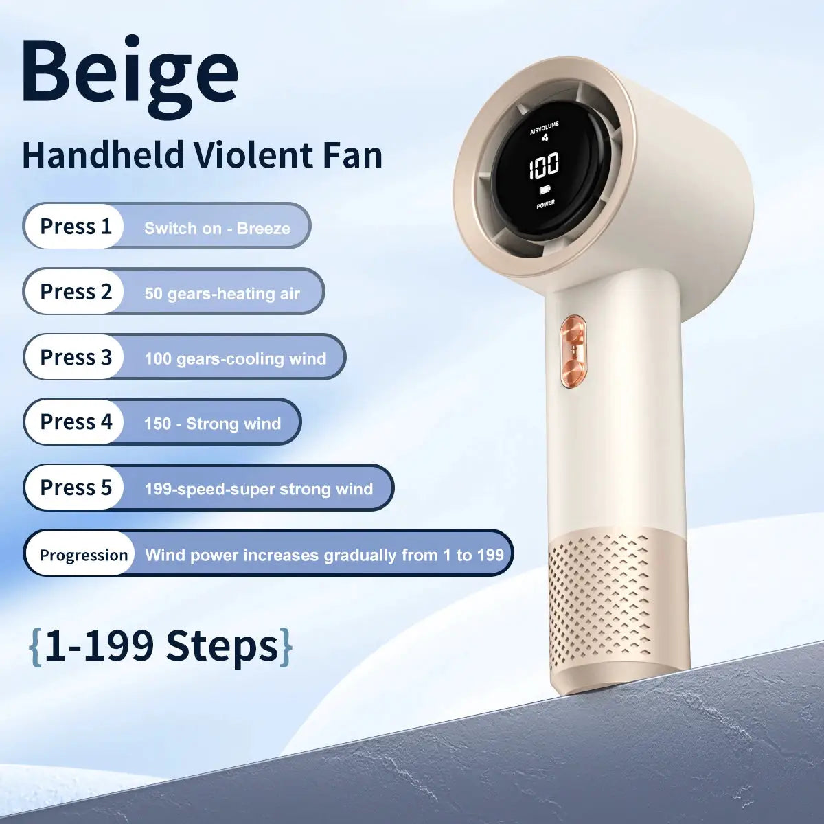 Handheld beige Simples Market high-speed six-fan portable air conditioner with 199-level adjustable speeds