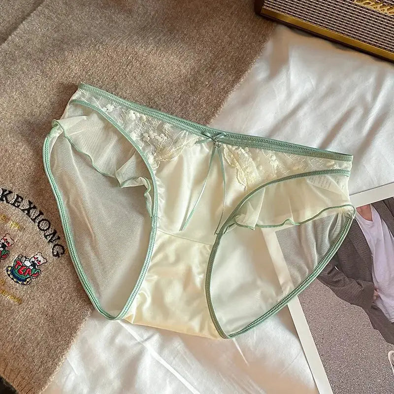 Simples Market women's lace mesh panties with a ruffle edge, mint green trim, low-rise seamless briefs