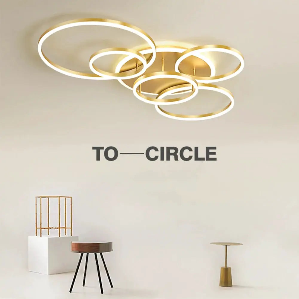 To-Circle modern LED ceiling chandelier by Simples Market, gold circular rings, dimmable indoor lighting