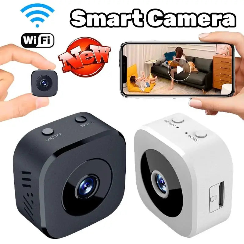 4K Full HD mini WiFi security camera Pro; two color variants with 2-way audio and infrared night vision, smartphone preview.