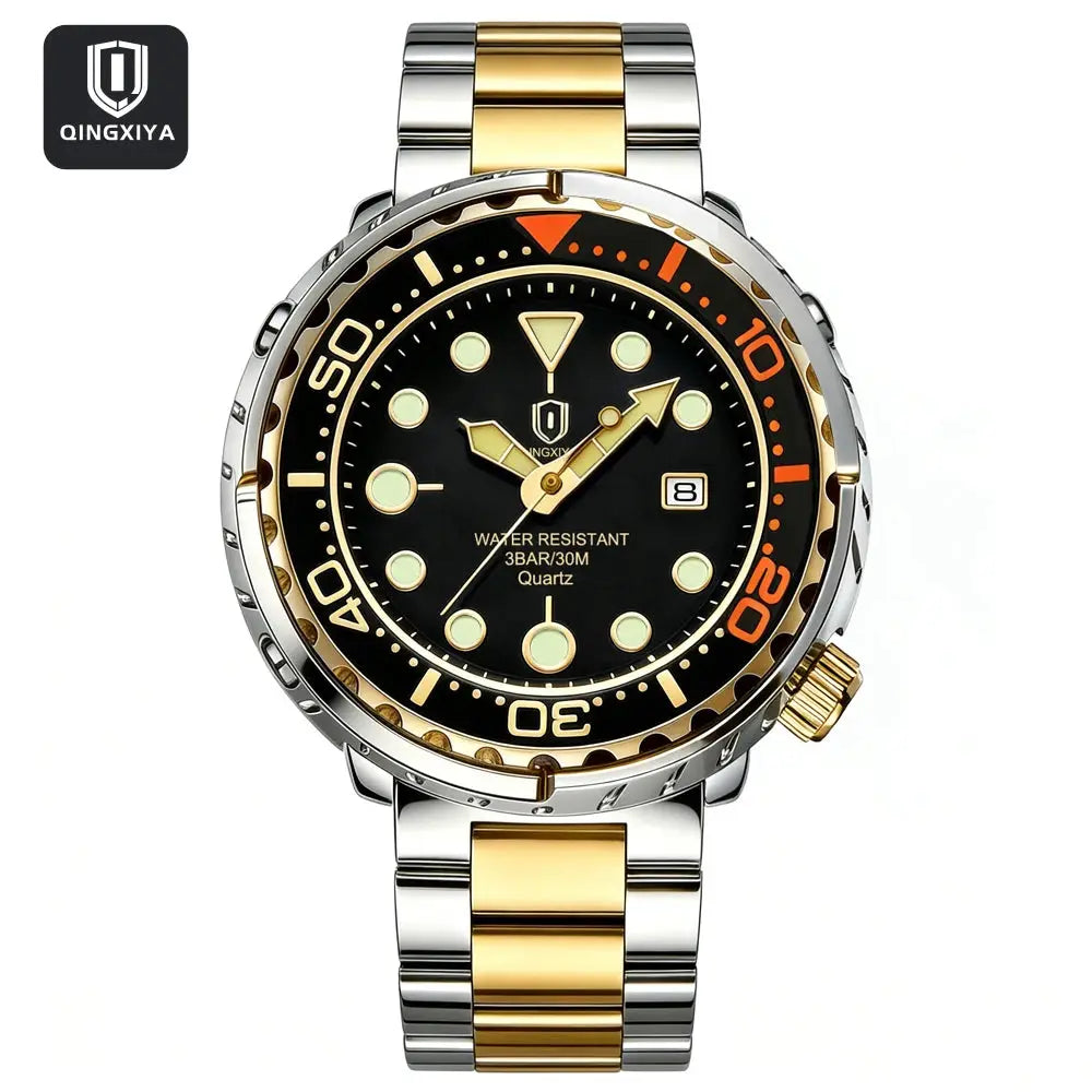 QINGXIYA men's two-tone stainless steel wristwatch with black dial, luminous markers, date window, orange bezel