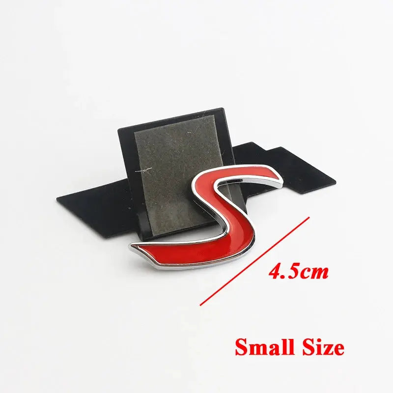 3D metal S emblem badge for car front grille, red with chrome edge, 4.5 cm small size