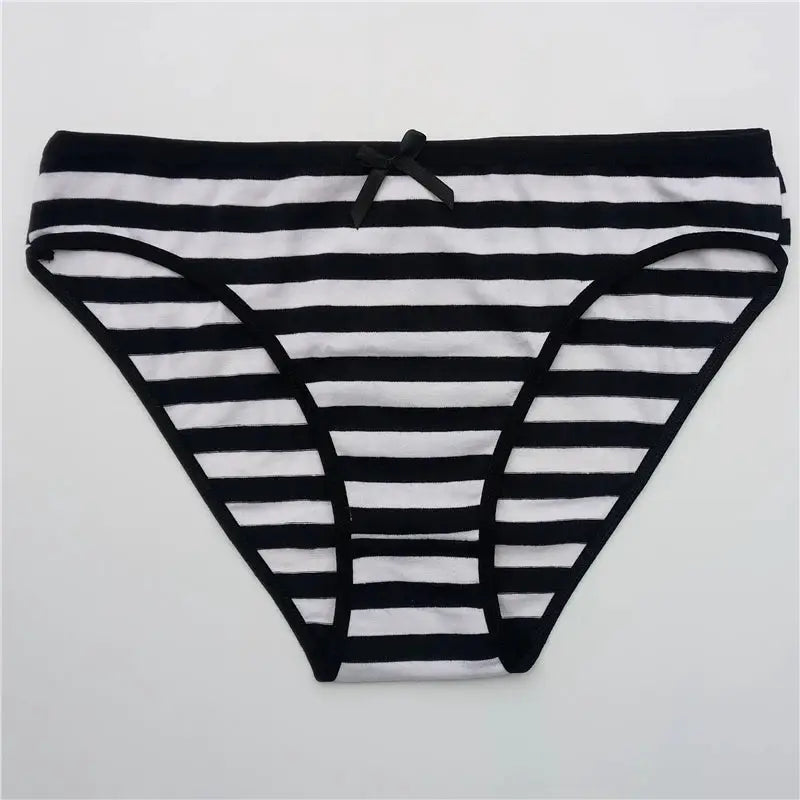 Women's striped cotton bikini panties with black trim and small bow