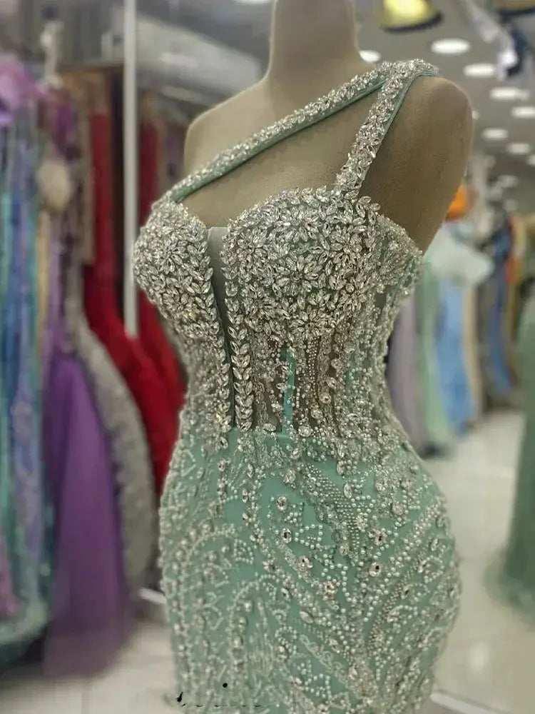 One Shoulder Backless Sequin Mermaid Evening Gown With Beading