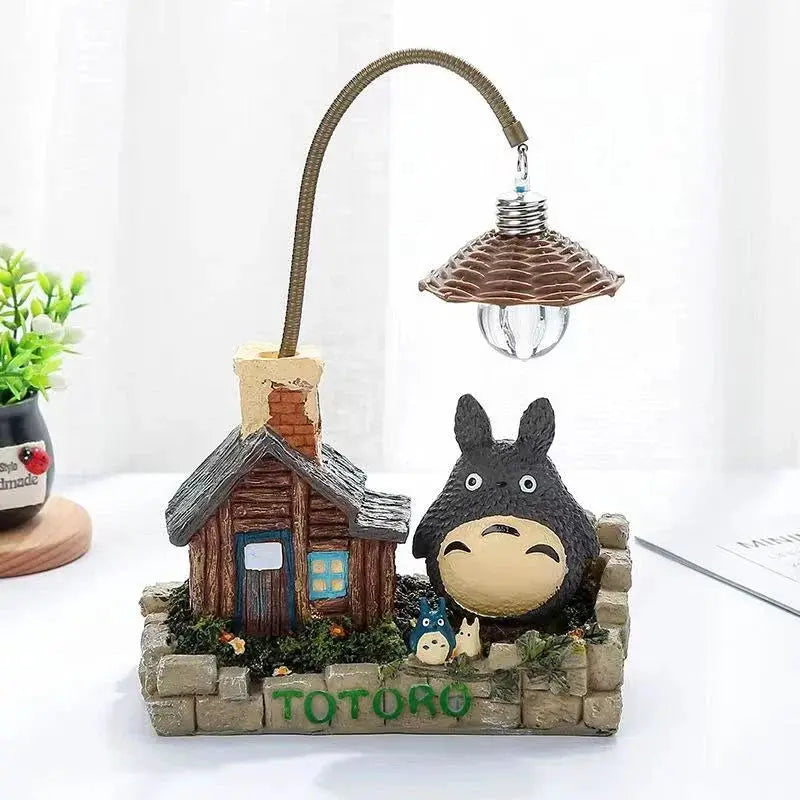 Totoro LED desk lamp figurine with cottage house base and hanging bulb night light