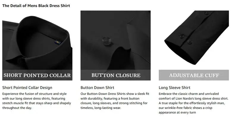 Mens black long-sleeve dress shirt by Simples Market with short pointed collar, button closure, adjustable cuffs