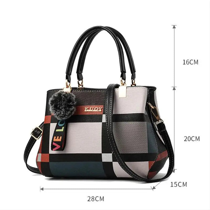 Simples Market PU leather crossbody handbag with multicolor patchwork, top handles, removable strap