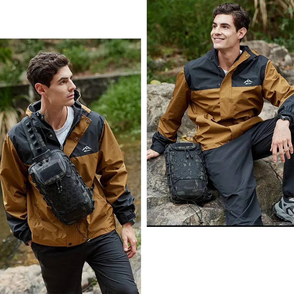 Simples Market Outdoor Port Bag Pack sling chest bag; black tactical bag with hex honeycomb pattern.