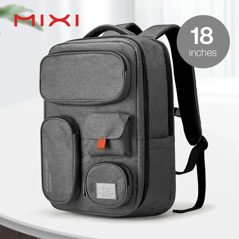Backpack MIXI gray 18-inch outdoor bag with multiple front pockets and laptop compartment