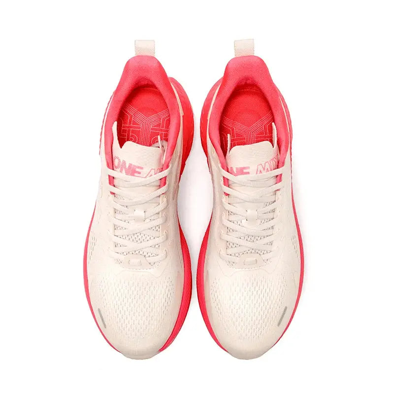 ONEMIX men's breathable running shoes, beige mesh upper with pink accents, lightweight athletic sneakers pair