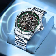 GLENAW Steampunk skeleton men's automatic watch with stainless steel strap and green-ring dial