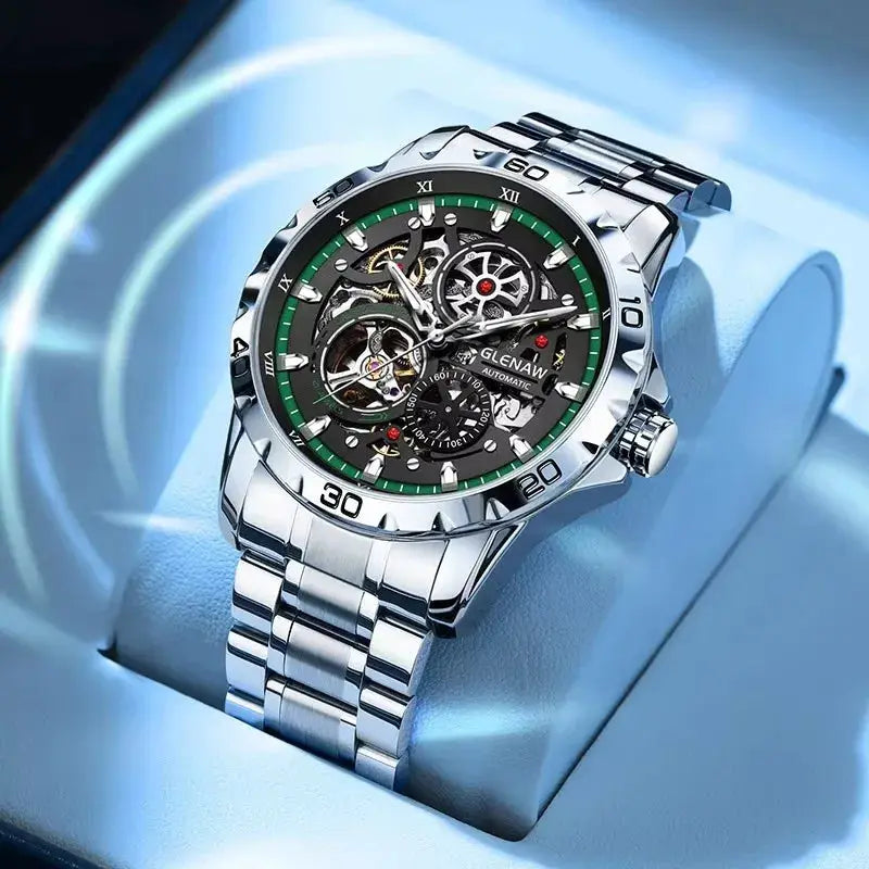 GLENAW Steampunk skeleton men's automatic watch with stainless steel strap and green-ring dial