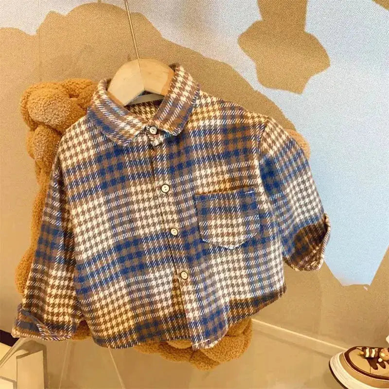 Autumn Plaid Shirt For Girls And Boys Casual Retro Lapel Long Sleeve Single Breasted Top