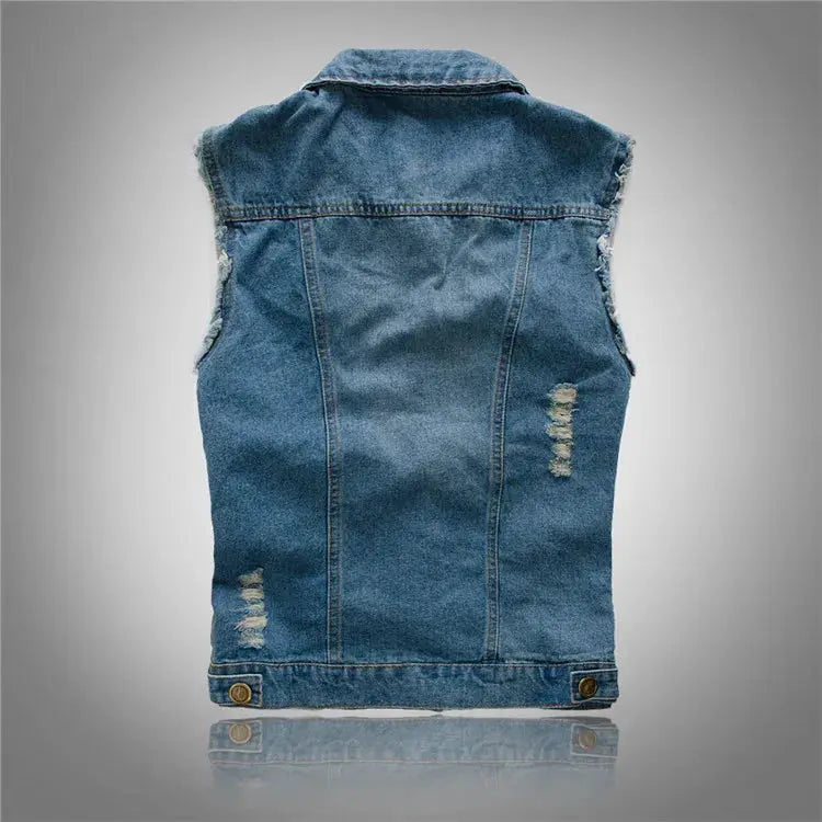 Men's light blue denim vest with distressed rips, sleeveless back view