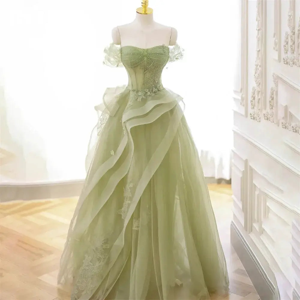 Roses Sage Green Prom Dress Appliques Tulle Tiered Pleats Sweetheart