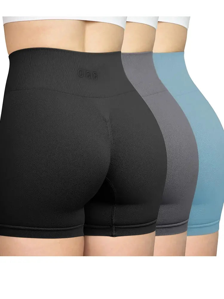 Women's high-waisted yoga shorts; seamless hip-lifting, three-color set in black, gray, blue by Simples Market